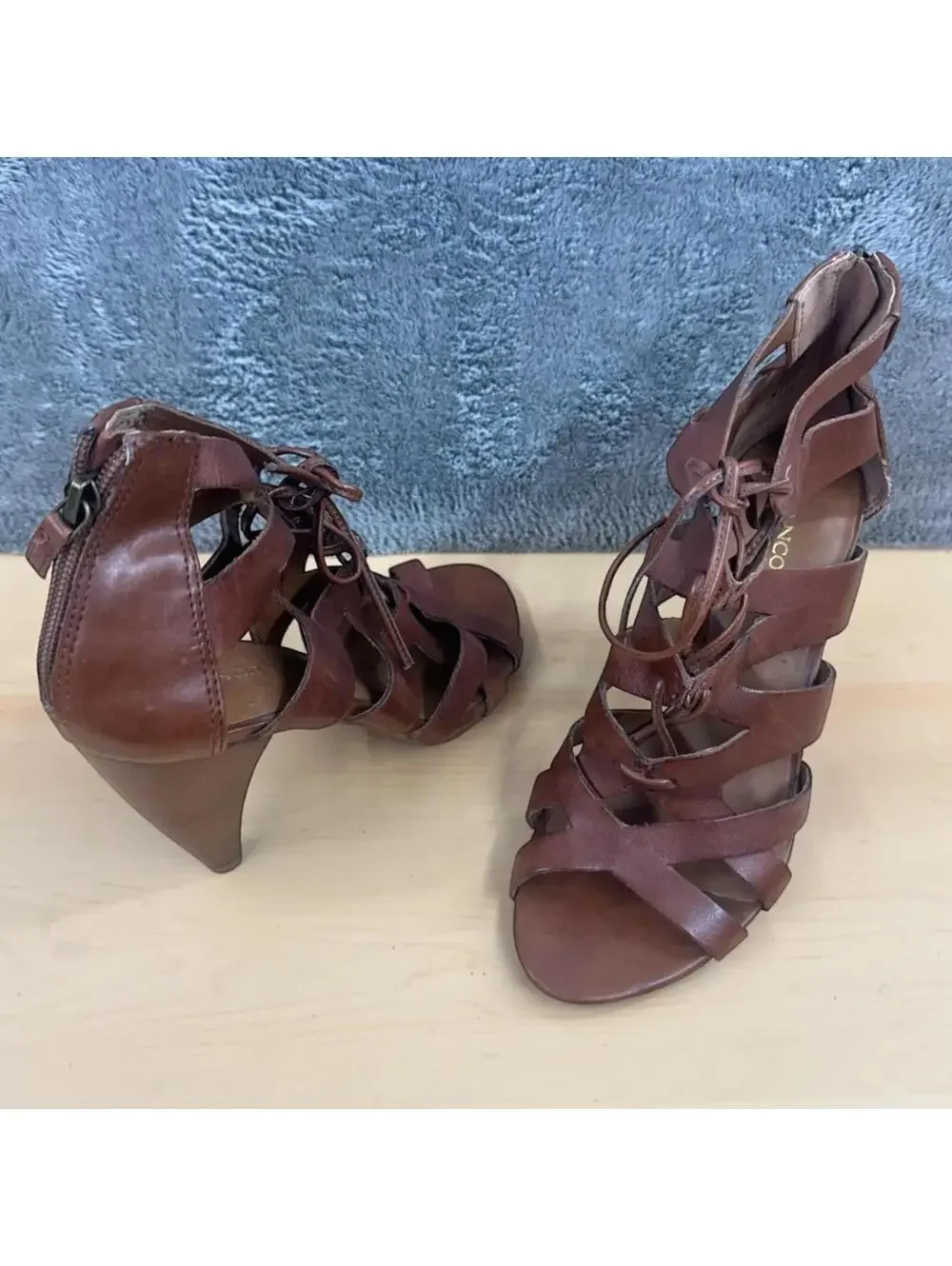 Franco Sarto Lace Up Gladiator Heels Brown Leather